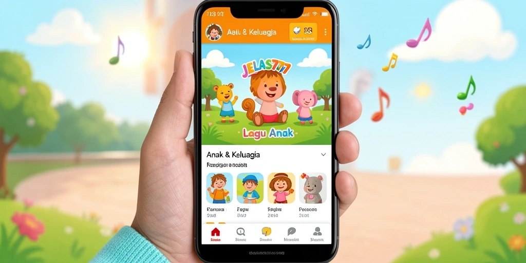 Tampilan antarmuka aplikasi JELAS777 yang ramah anak dengan berbagai lagu.