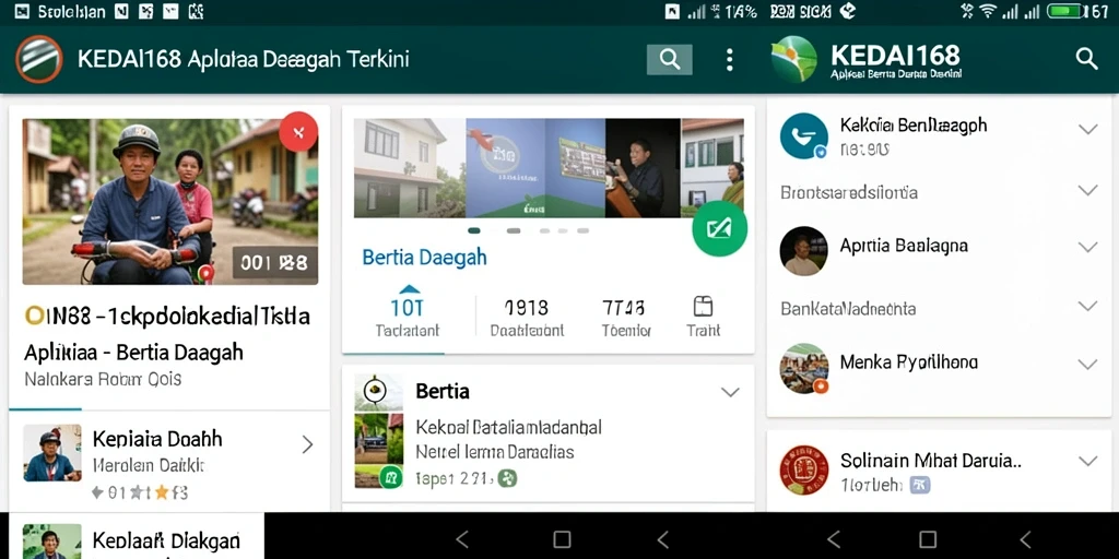 Antarmuka utama KEDAI168 menampilkan berita daerah terkini dengan desain yang menarik.